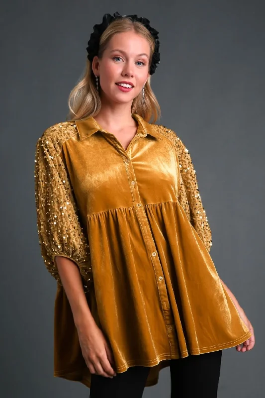 Deal Dash Umgee Sequin Detail Tiered Back Half Sleeve Shirt