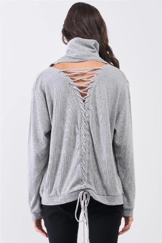 Clearance Sale Heather Grey Long Sleeve Cut Out Lace Up Tie Back Detail Turtleneck Top