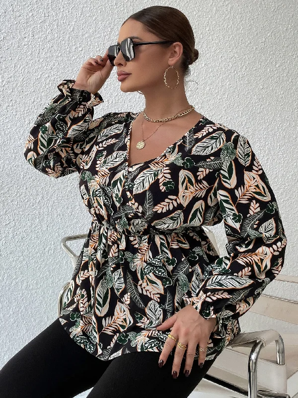 Final Clearance Plants Ruffle Long Sleeve V Neck Regular Plus Size Blouse