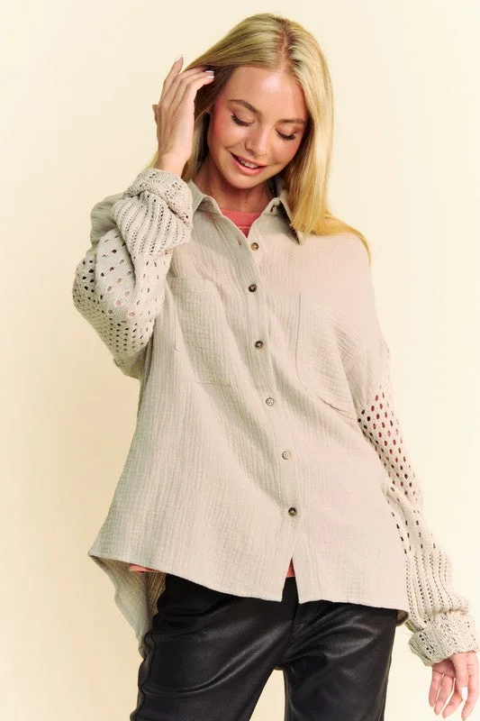Cash Savings Davi & Dani Crochet Sleeve Crinkled Texture Shirt