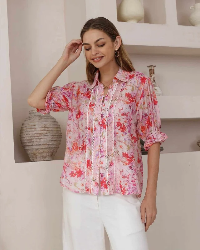 Markdowns Iris Maxi Maya Bohemian Blouse Short Puff Sleeve - Meadow