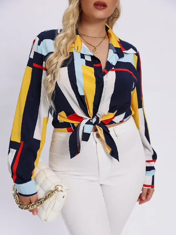 Seasonal Clearance Geometric Button Long Sleeve Collar Regular Plus Size Blouse