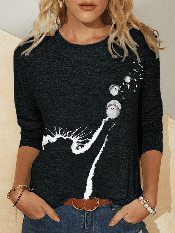 Final Clearance Women Flowers Cats Print O-Neck Long Sleeve Casual T-Shirt