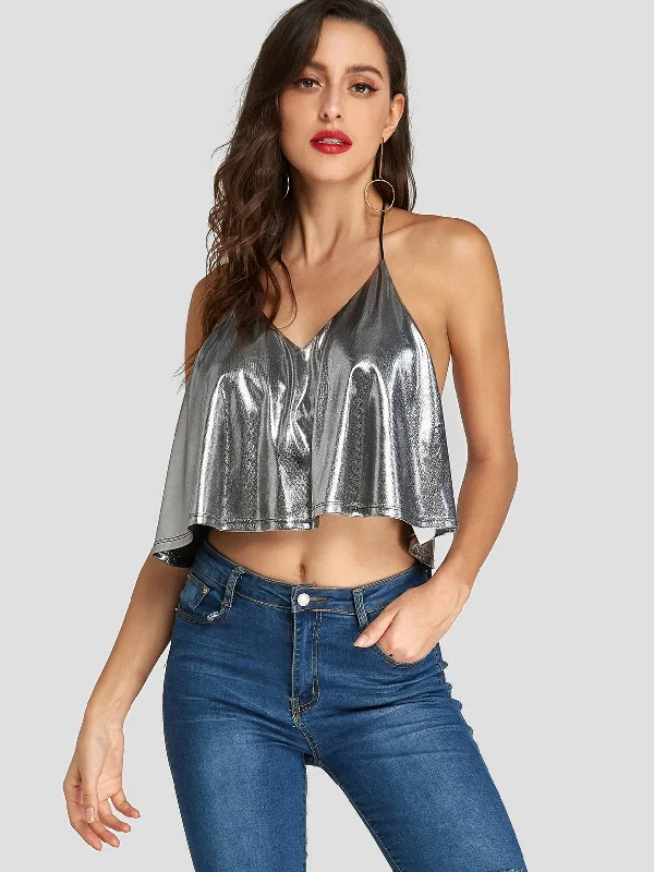 Final Clearance Wholesale Halter Plain Backless Sequins Embellished Sleeveless Silver Camis