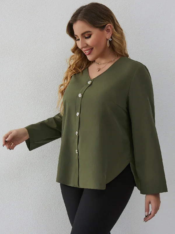 Weekend Specials to Indulge In Plain Button Front Long Sleeve V Neck Regular Plus Size Blouse Weekend Specials to Indulge In Plain Button Front Long Sleeve V Neck Regular Plus Size Blouse