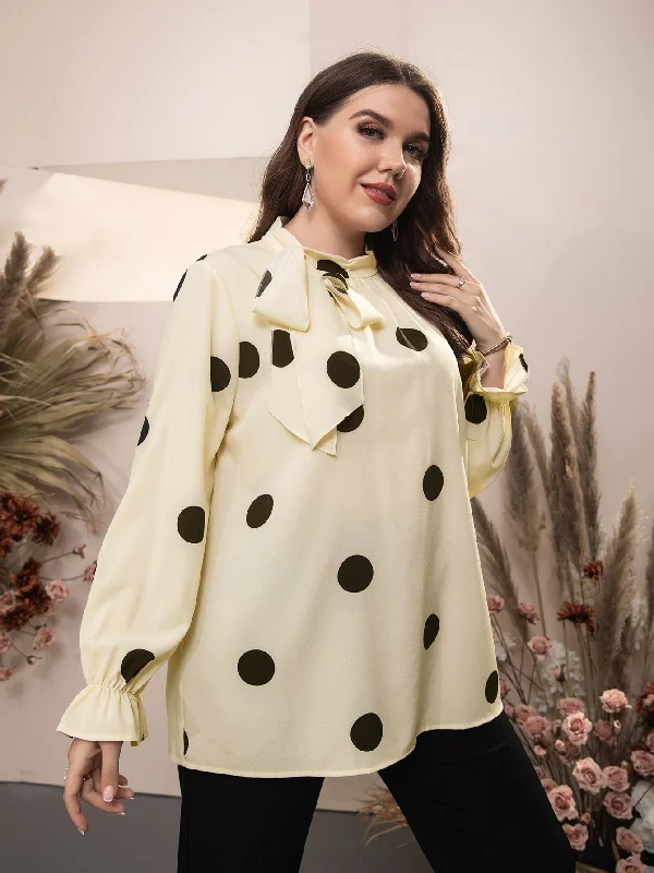 Fantastic Deals Polka Dot Ruffle Long Sleeve Tie Neck Long Plus Size Blouse