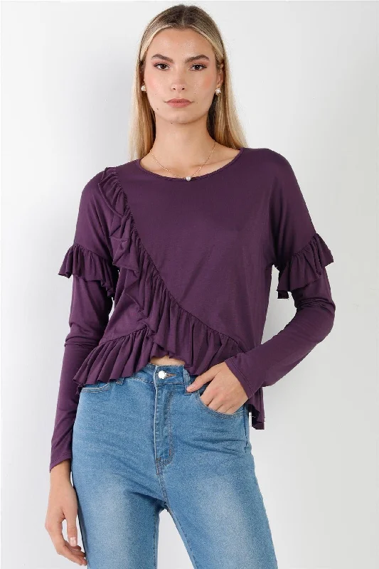 Hurry In Grape Cotton Asymmetrical Layered Raw Cut Flounce Top