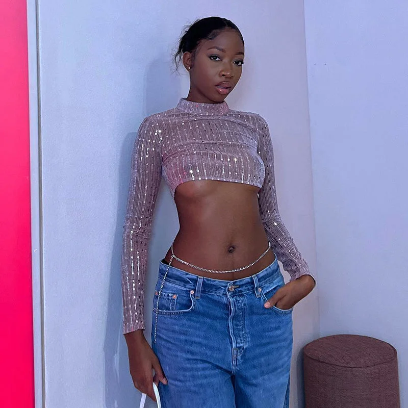Huge Savings CUTENOVA Y22TP493 Sequin Long Sleeve Top Round Neck Crop Top Trending Fall Cheap Women Clothes