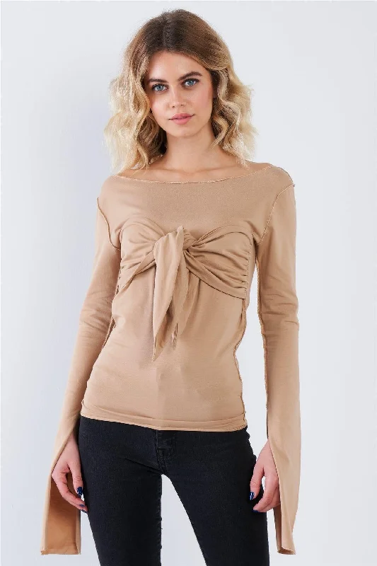 Weekend Specials to Celebrate Tan Long Sleeve Front Tie Top
