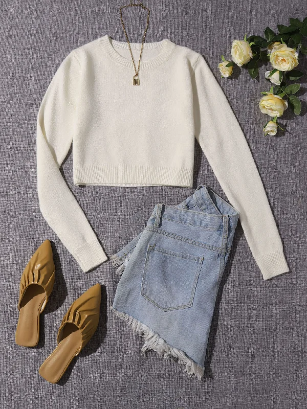 Weekend Wonders Await! Casual Plain Rib-Knit Long Sleeve Round Neck Crop Women Sweater