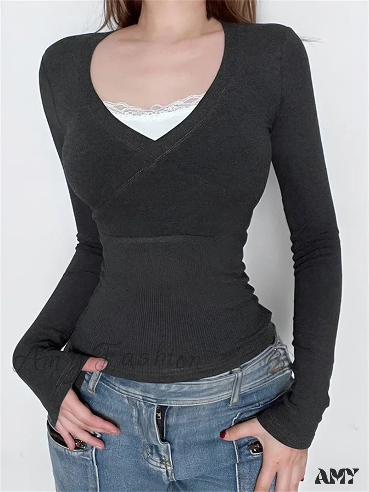 Special Discount Amy Fashion - Retro Lace Patchwork Slim FitLong Sleeve V-Neck T-Shirts Special Discount Amy Fashion - Retro Lace Patchwork Slim FitLong Sleeve V-Neck T-Shirts
