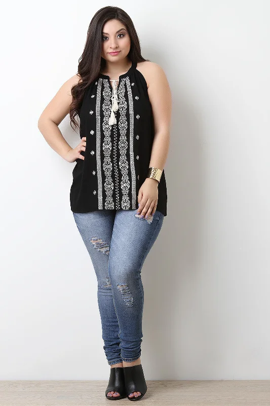 Deep Discounts Sleeveless Embroidery Pattern Tassel Top