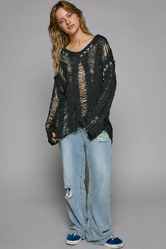 Flash Sale POL Distressed Dropped Shoulder Long Sleeve Knit Top