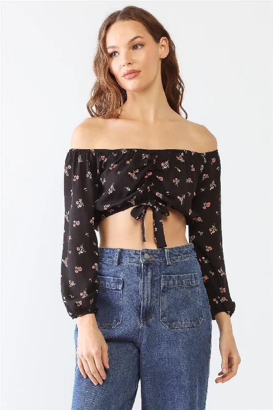Price Drop Floral Print Off-The-Shoulder Ruched Crop Top