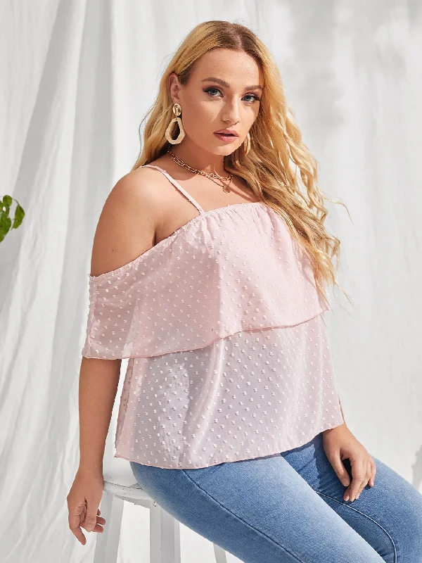 Weekend Discounts to Love Plain Ruffle Half Sleeve Cold Shoulder Regular Plus Size Blouse