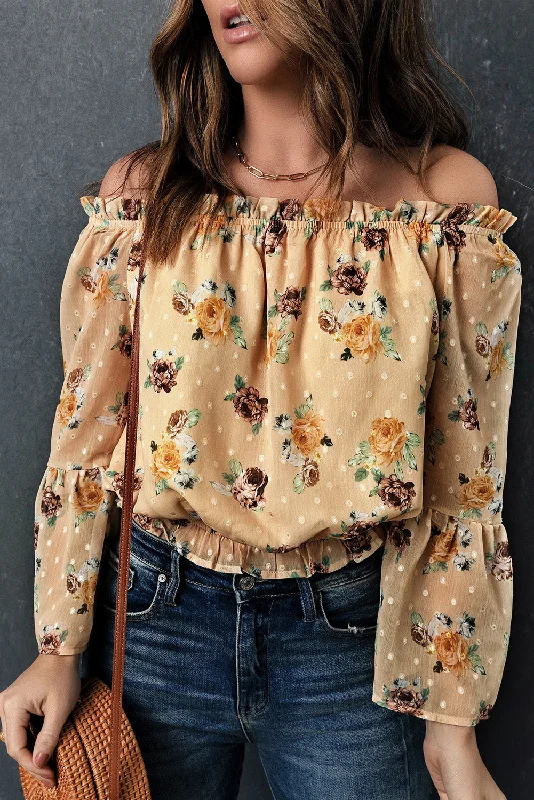 Quick Deals Floral Off-Shoulder Ruffle Hem Top