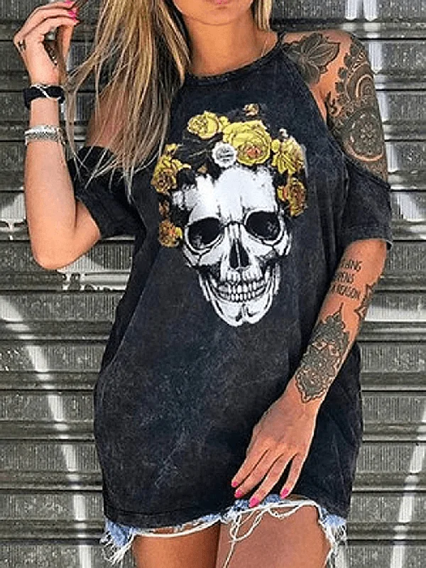 Markdowns Designer Skeleton Floral Print Casual T-Shirts for Women