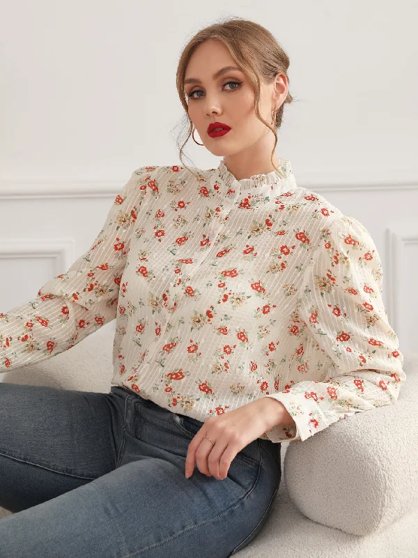 Instant Savings Ditsy Floral Button Front Long Sleeve Stand Collar Semi-Sheer Long Plus Size Blouse