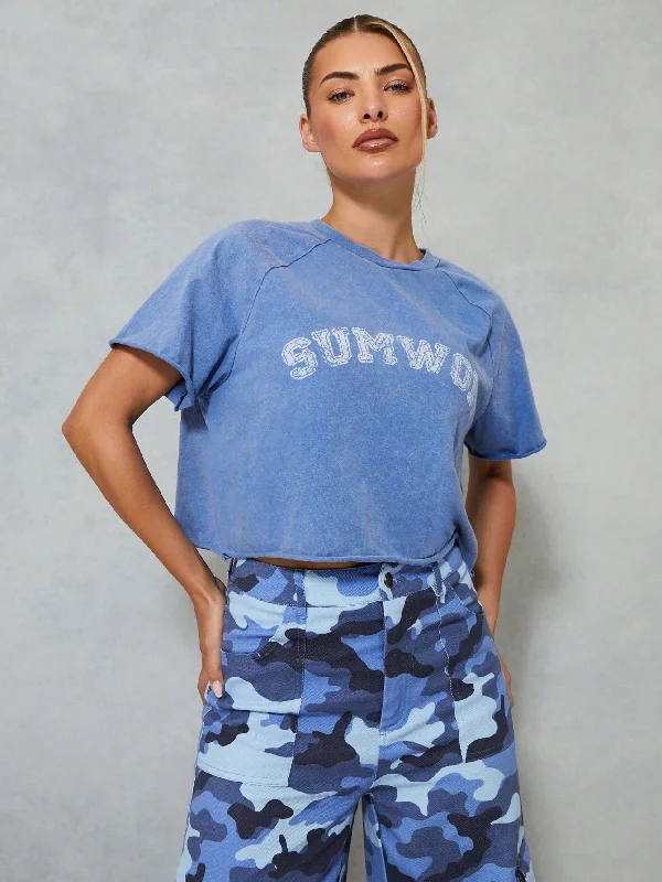 Friends and Family Sale SUMWON WOMEN Washed Raglan Raw Edge Crop Tee With Letter Graphic Print