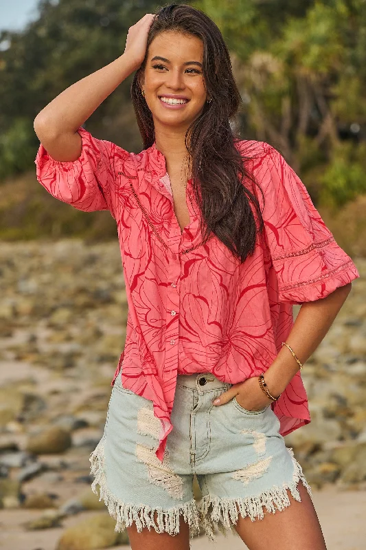 Final Sale Jaase Eliza Blouse Top with Button Front Crochet Insert Short Sleeve - Rosella