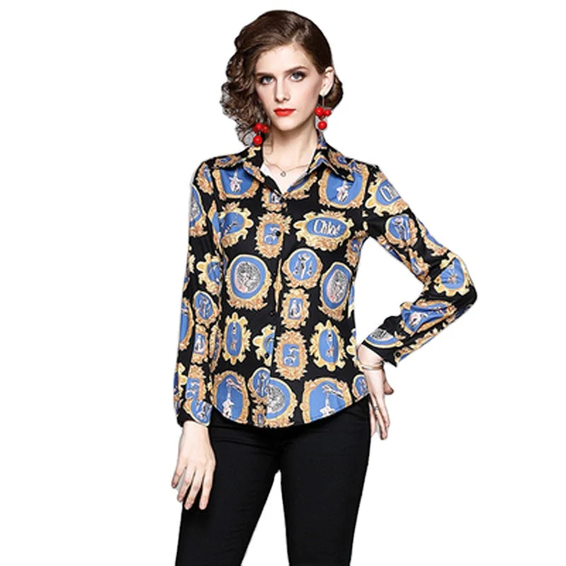 Super Bargain XC3221045-European station new women's printed slim long-sleeved wild lapel shirt