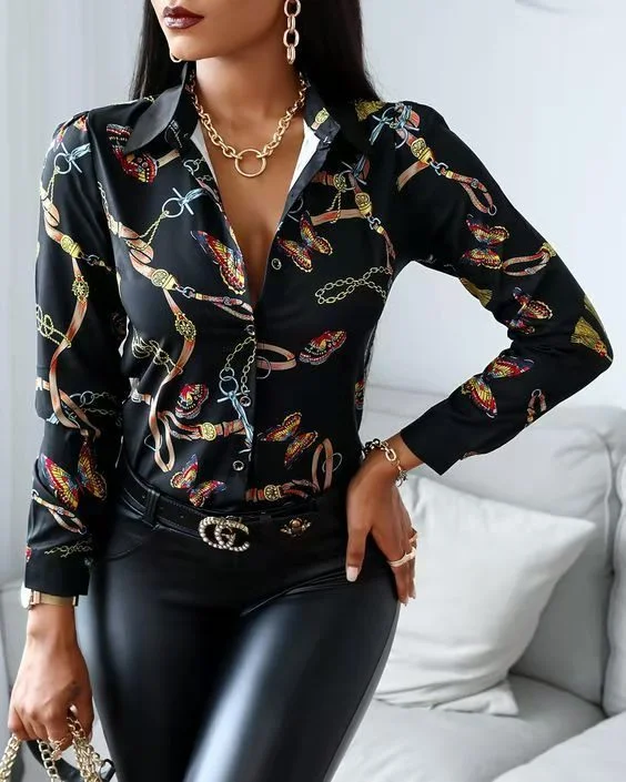 Special Discount Z79661 Spring stylish Casual Print long Sleeve shirts women  Buckle Turndown Collar Tops