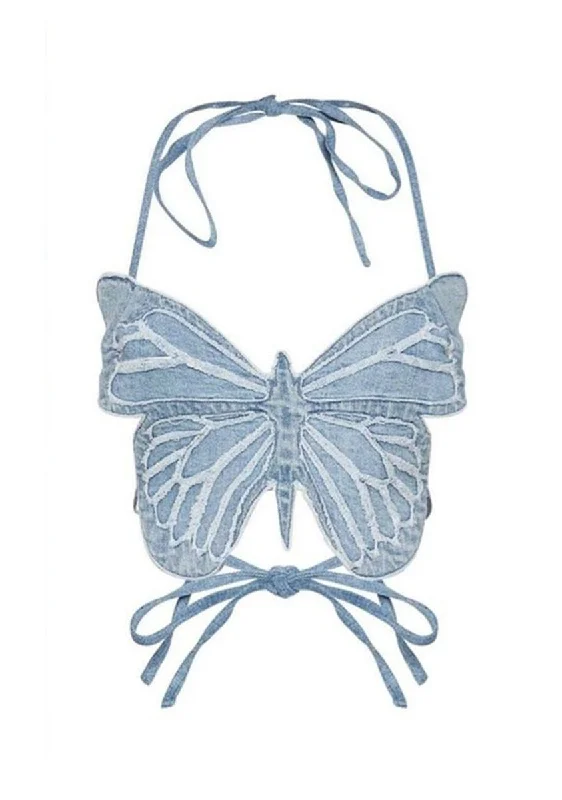 Weekend Discounts to Celebrate Denim Butterfly Embroidered Halter Corset Top