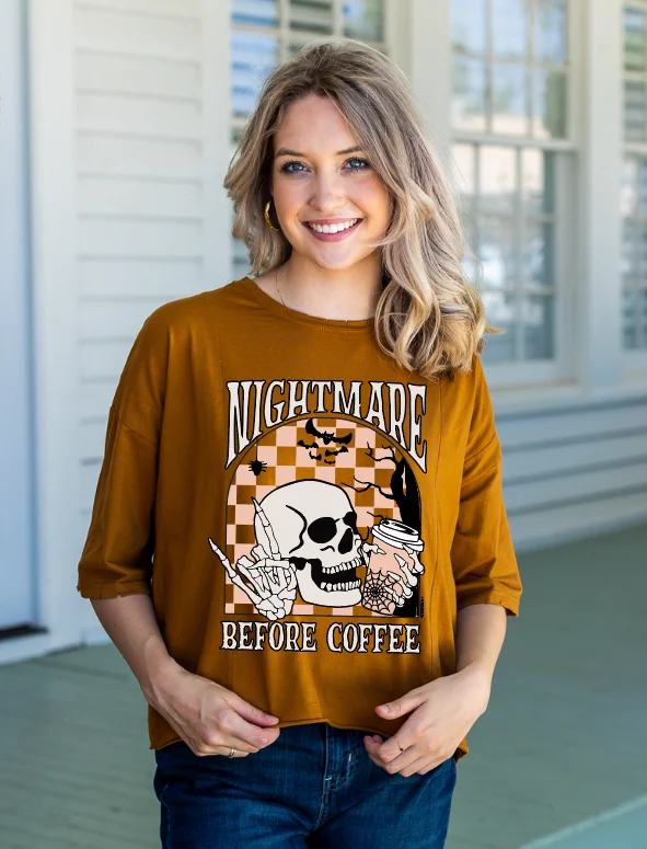 Referral Discount Nightmare Before Coffee Boxy Crop in Tan