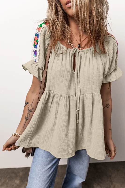 Weekend Offers That Dazzle Embroidered Tie Neck Short Sleeve Blouse