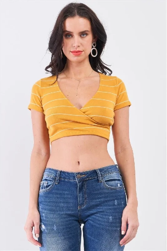 Clearance Items Mustard & Ivory Striped V-Neck Wrap Front Crop Top