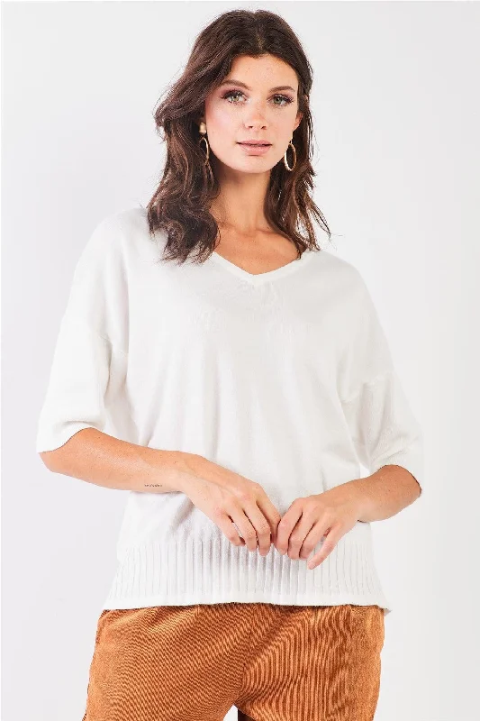 Buy More, Save More V-Neck Short Sleeve Loose Fit Rib Hem Knit Top