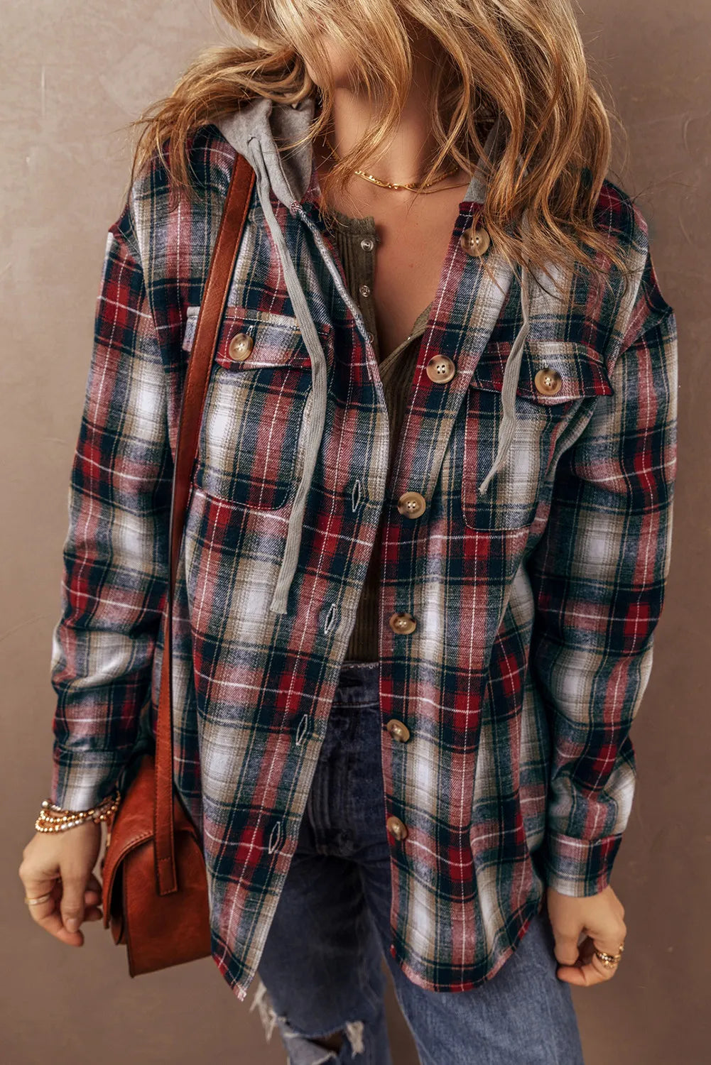 Weekend Savings Fiesta Drawstring Plaid Button Up Hooded Shacket