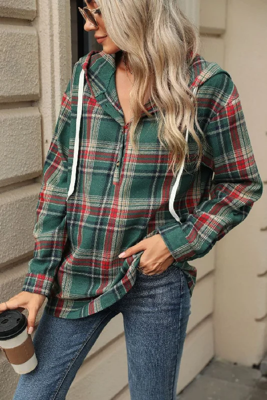 Super Deal Drawstring Plaid Hooded Long Sleeve Top