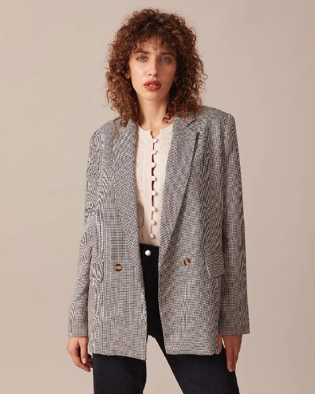 Discount Mania The Coffee Lapel Houndstooth Button Blazer