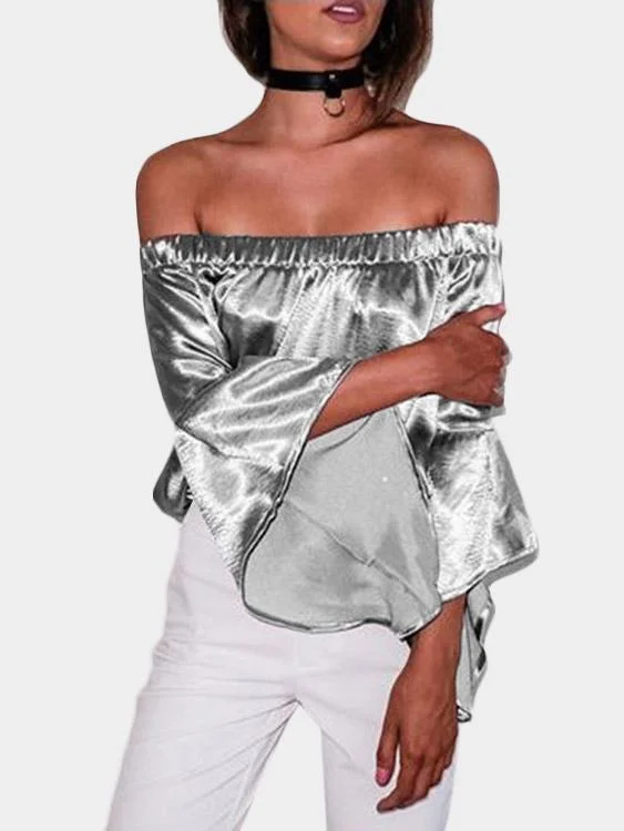 Online Only Custom Off The Shoulder Plain 3/4 Sleeve Silver T-Shirts