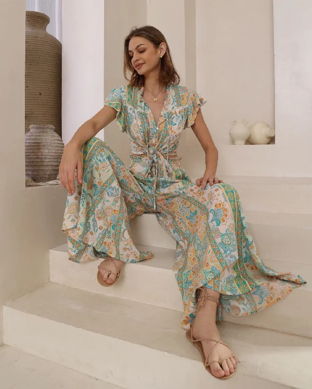 Weekend Flash Sale Iris Maxi Jazz Bohemian Blouse V Neck Buttoned - Jade