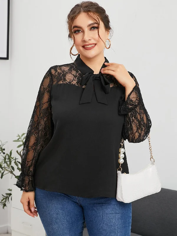 Instant Savings Plain Ruffle Long Sleeve Tie Neck Regular Plus Size Blouse