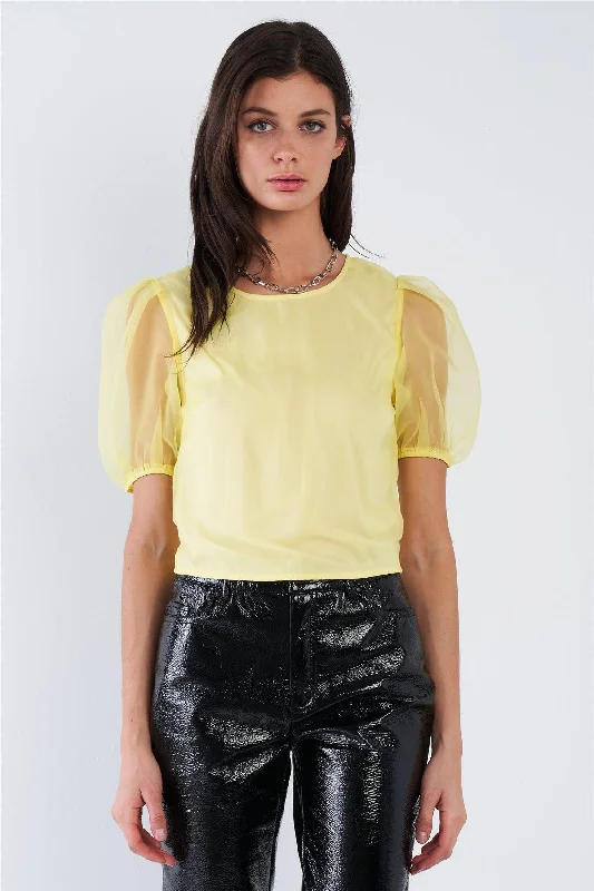 Weekend Offers That Shine Yellow Sheer Puff Sleeve Retro Top