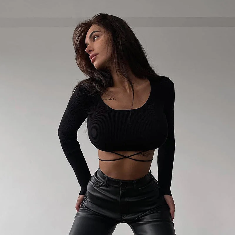 Value Deals Casual Solid Color Knit Ribbed Straps Plunging Neckline Long Sleeve Tops Wholesale Womens Tops Value Deals Casual Solid Color Knit Ribbed Straps Plunging Neckline Long Sleeve Tops Wholesale Womens Tops