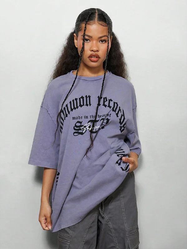 Weekend Savings Fiesta SUMWON WOMEN Oversized Fit Raw Edge Tee With Text Graphic Print