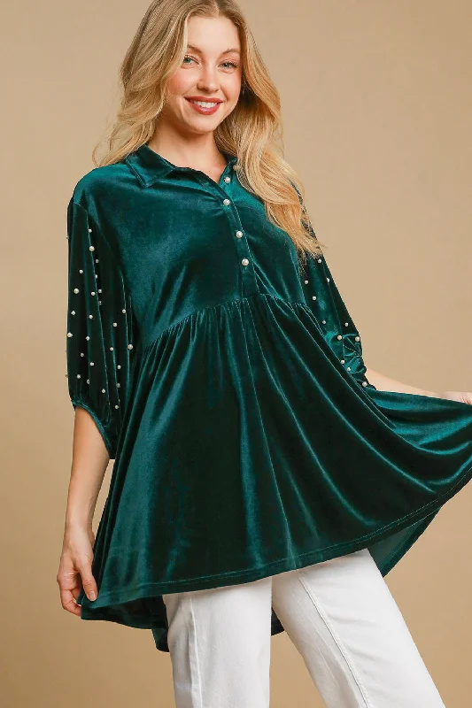 Price Break Umgee Pearl Detail Half Sleeve Velvet Babydoll Blouse