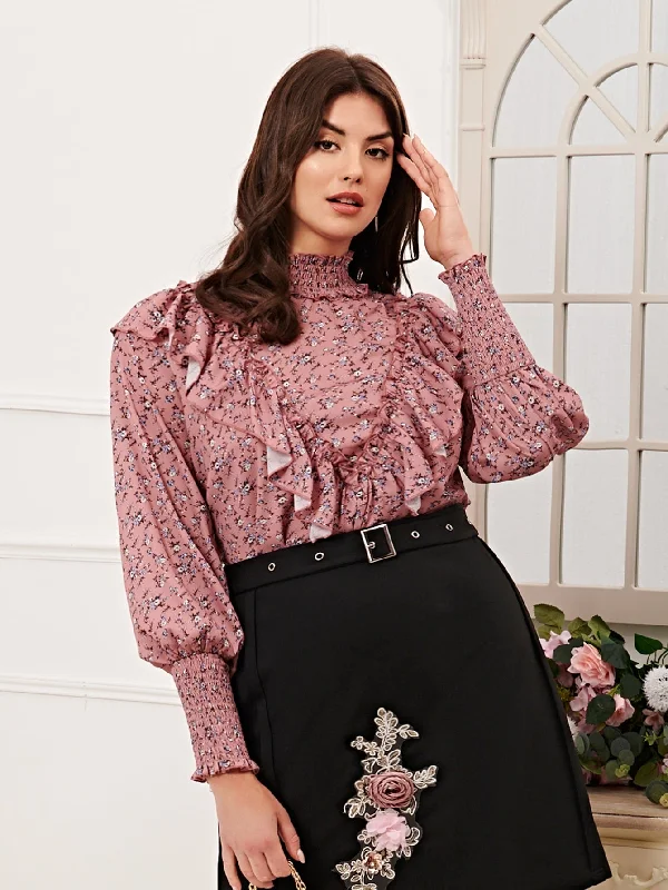 Referral Discount Ditsy Floral Shirred Long Sleeve Stand Collar Regular Plus Size Blouse Referral Discount Ditsy Floral Shirred Long Sleeve Stand Collar Regular Plus Size Blouse