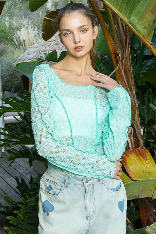 Great Deals POL Exposed Seam Long Sleeve Lace Knit Top