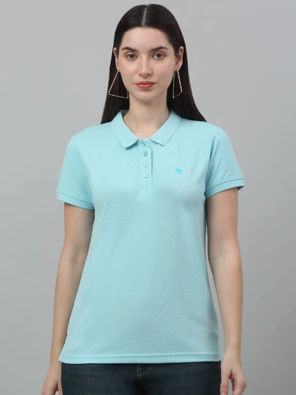 Limited Offer Women's Casual Regular Short Sleeve Aqua Polo neck  T-Shirt