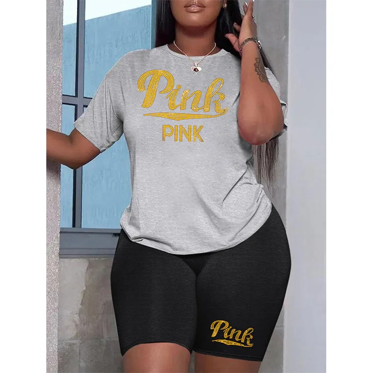 Bargain Alert Z106463 Summer women's Plus Size two piece Casual crystal decoration t-shirts shorts two piece set