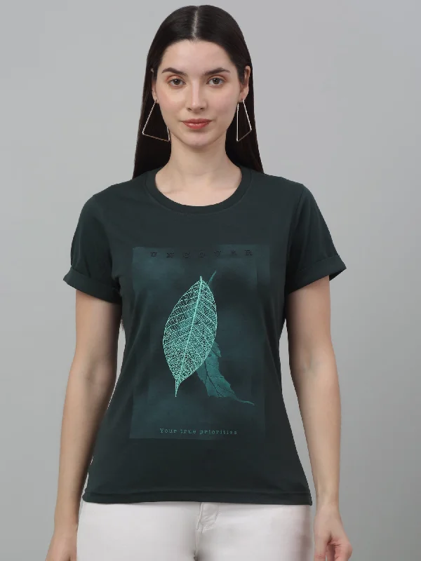 Savings Event Women's Casual Regular Short Sleeve Bottle Green Round neck Graphic Print T-Shirt
