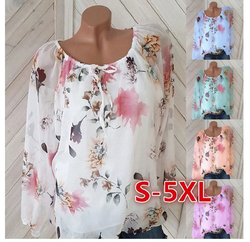 Price Blitz S-5XL Summer Women's Fashion Plus Size Long Sleeve Crew Neck Floral Print Chiffon Shirt blouse