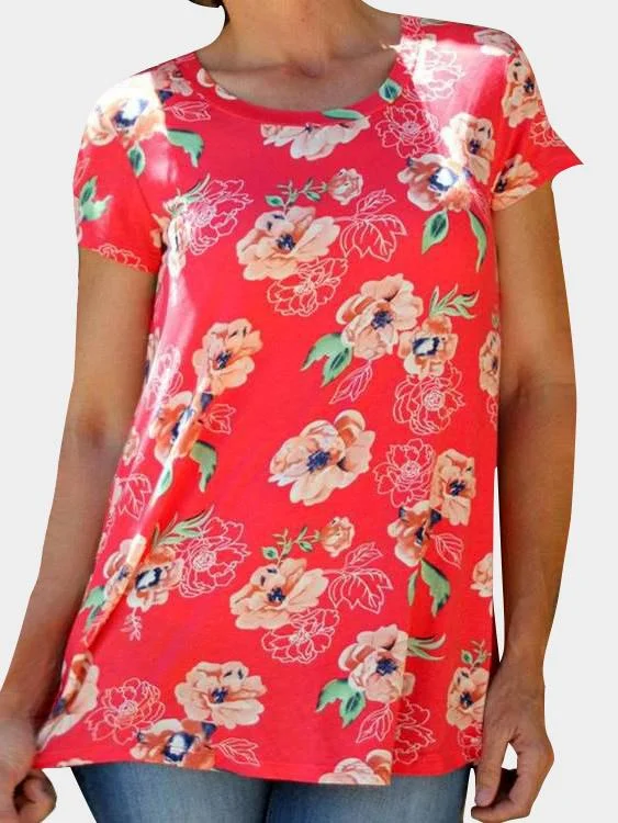 Low Prices Custom Round Neck Floral Print Short Sleeve Red T-Shirts