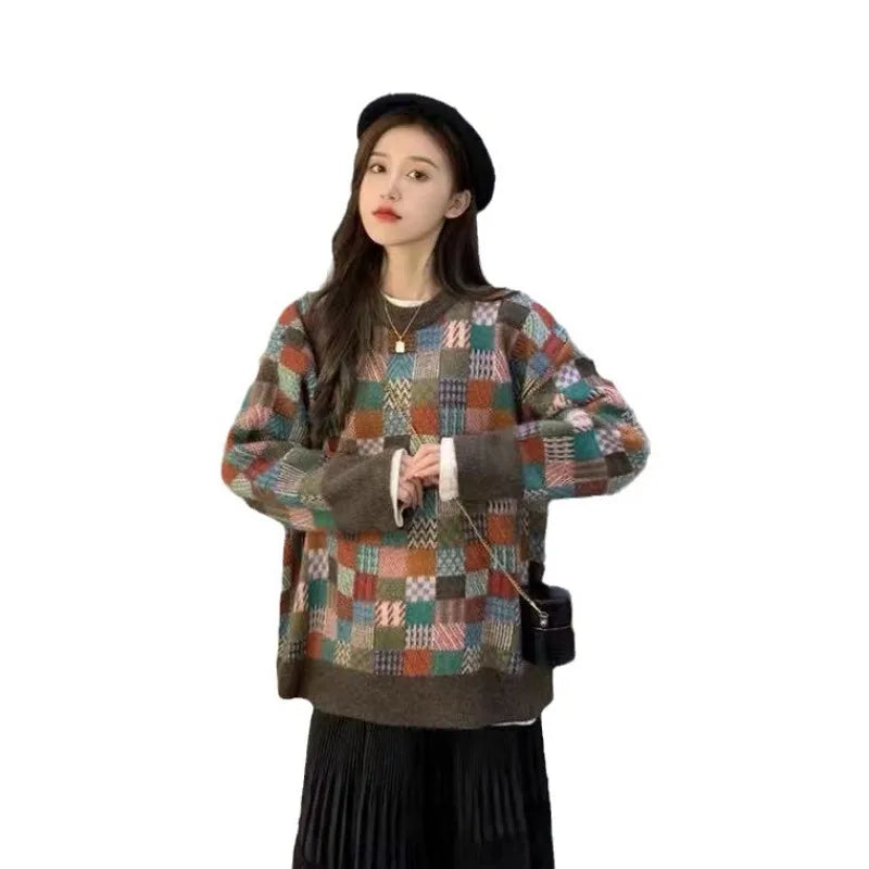 Weekend Deals You Can't Resist 2024 Spring and autumn high-quality best-selling crew-neck long-sleeved loose plaid jacquard women's knitted sweater