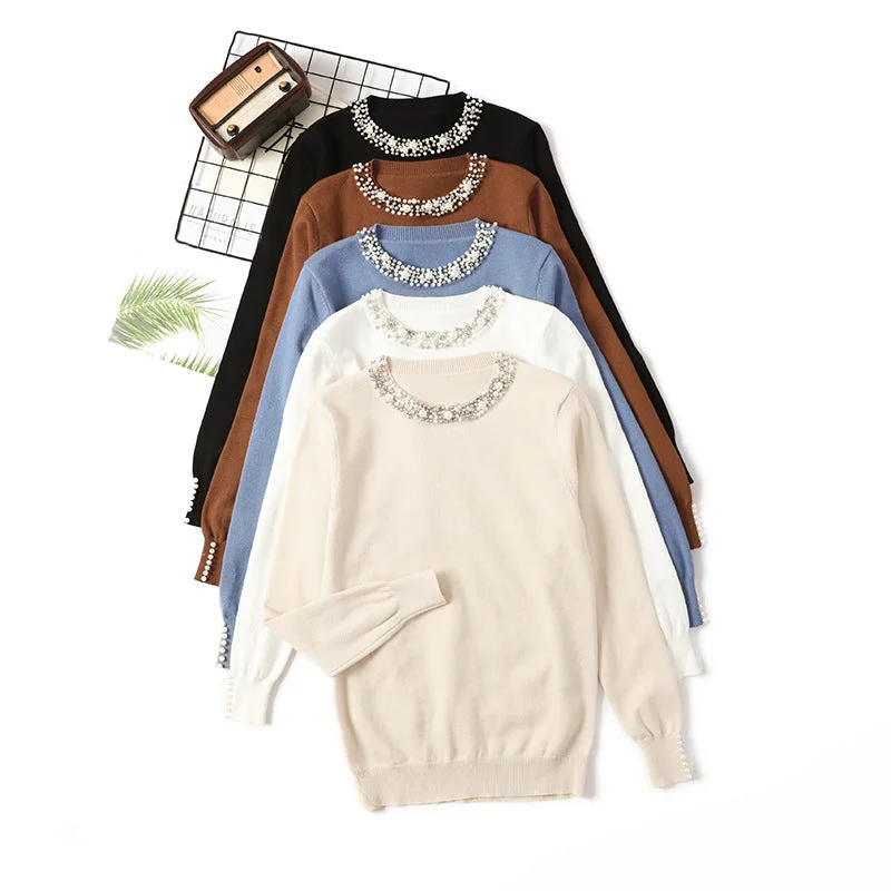 Year-End Sale Autumn and winter new one size bead collar pullover sweater round neck long sleeve knitted loose women's bottoming shirt